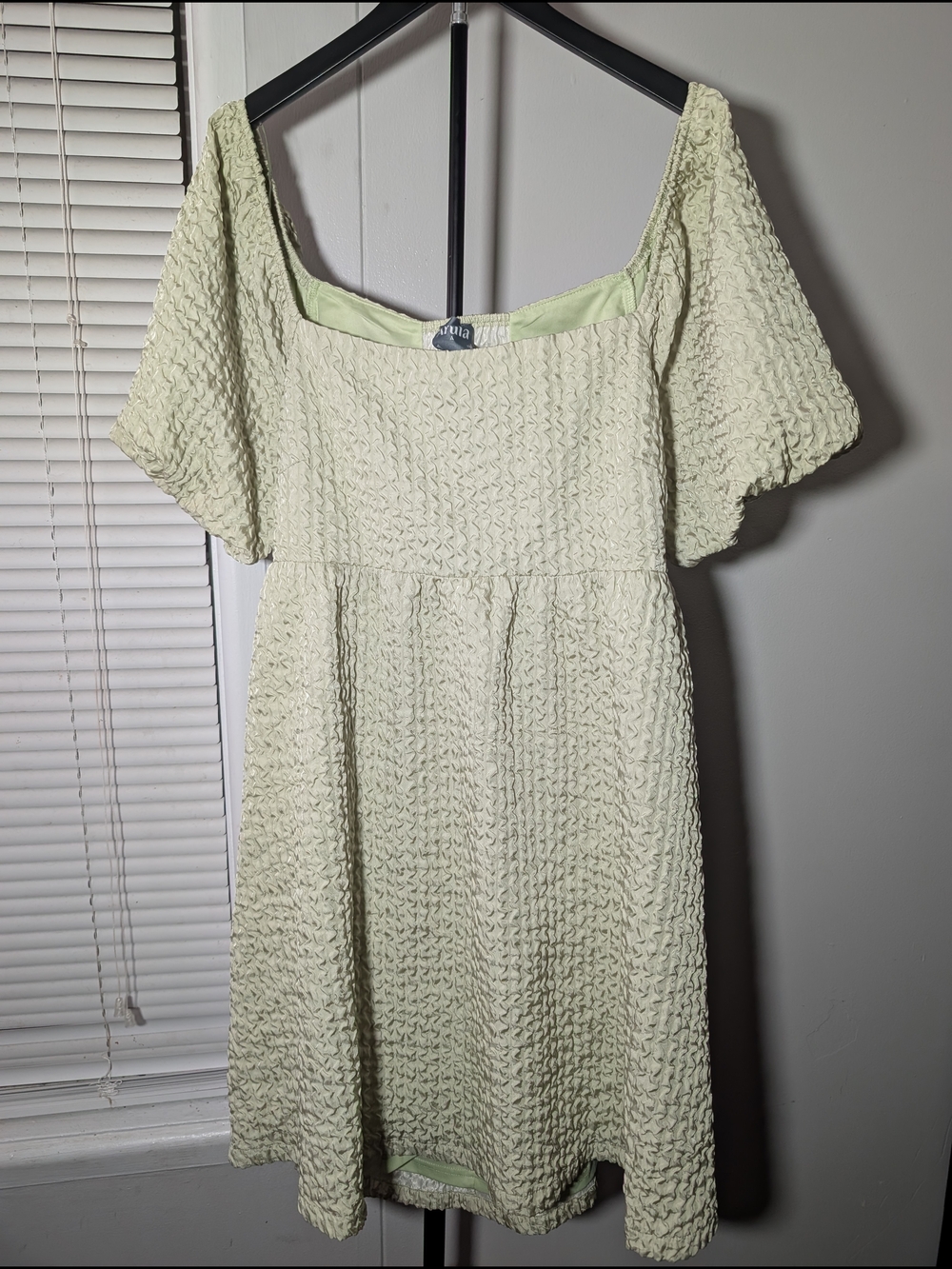 Arula Pale Green Textured Square-Neck Mini Dress